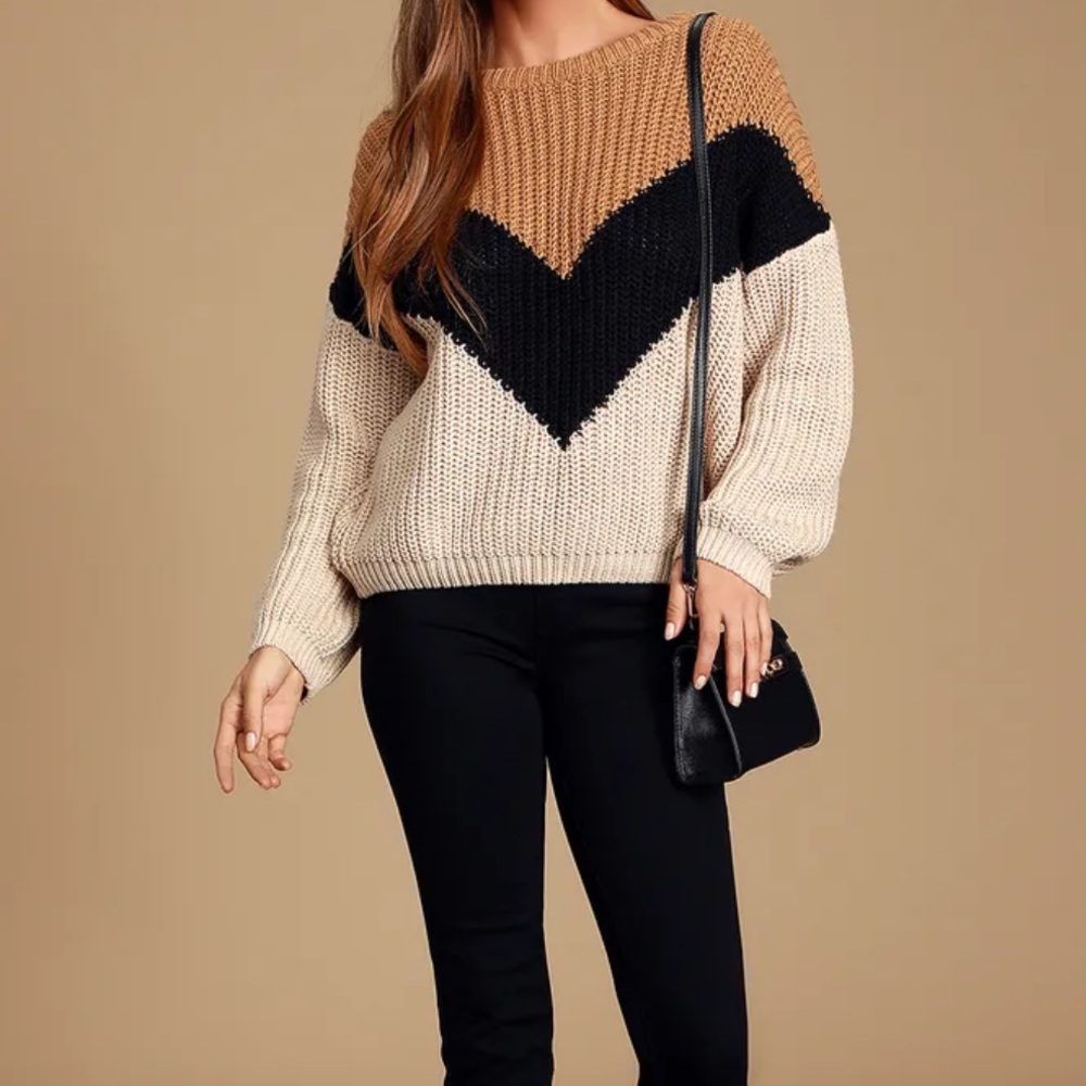Lulu’s Autumn Leaves Tan Multi Chevron Stripe Knit Sweater